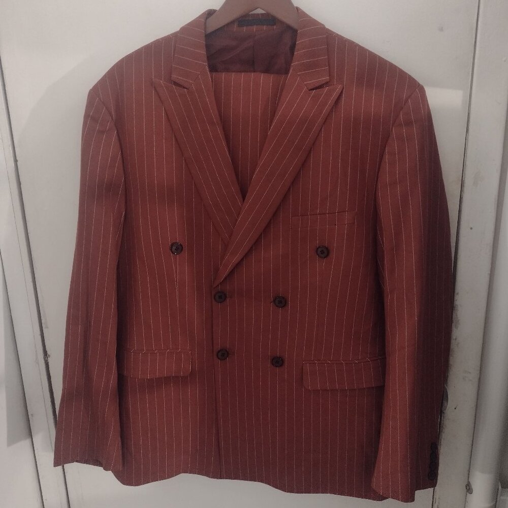 YND Slim Fit Double-Breasted Pinstripe Suit, Red 3XL, ALTERED CUFFS & LEGS
